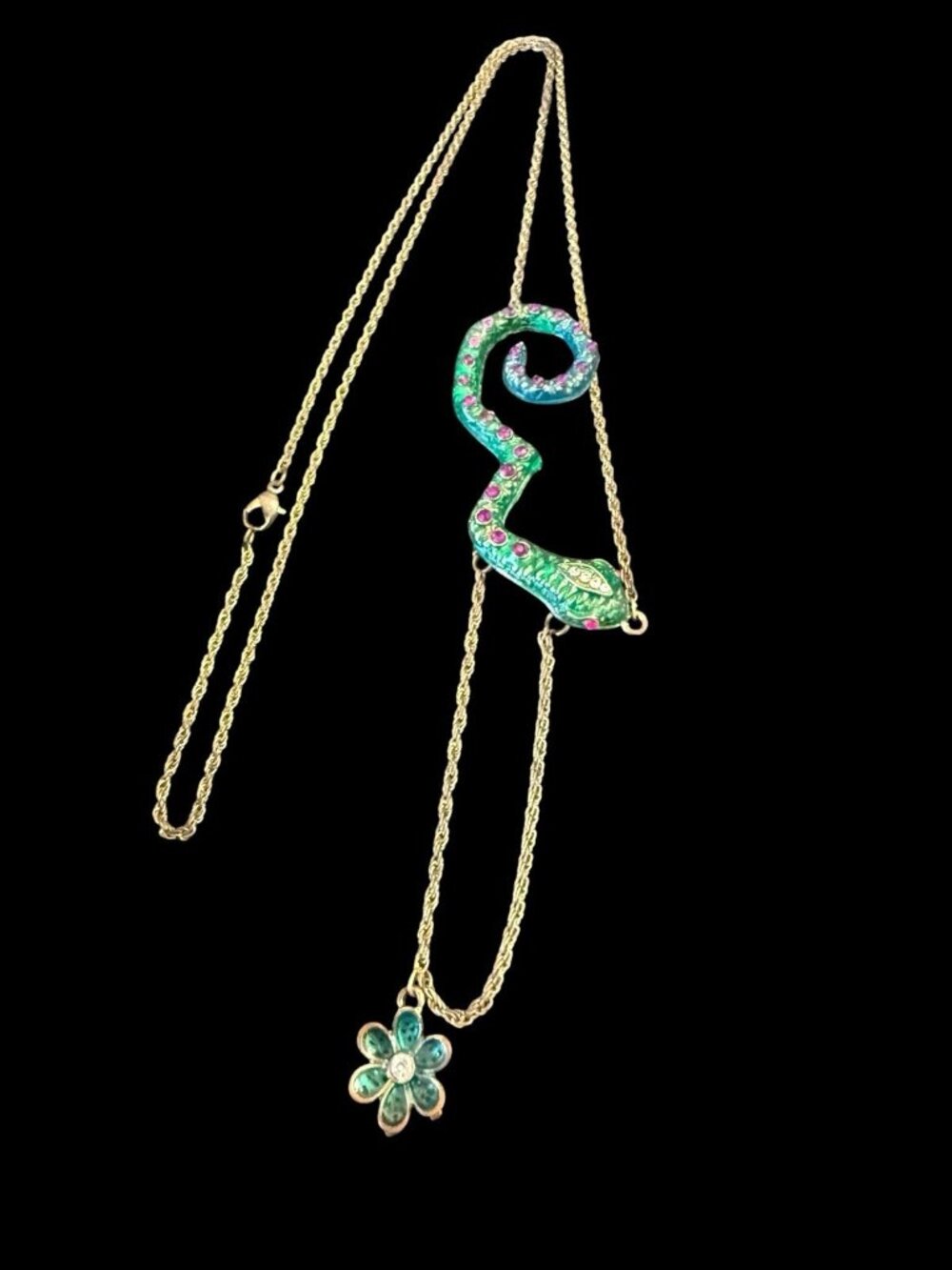 Betsey Johnson Rhinestone Snake Necklace Flower Gold Tone Chain